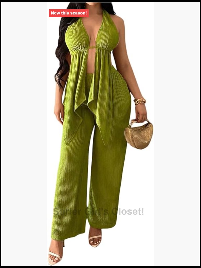 Sexy 2 Piece Outfits Open Back Split Front Halter Top And Wide Leg Pants Set
